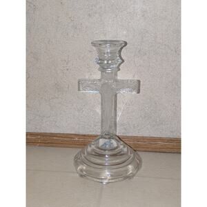 VTG Glass Crucifix Jesus Cross Catholic Candlestick Holder